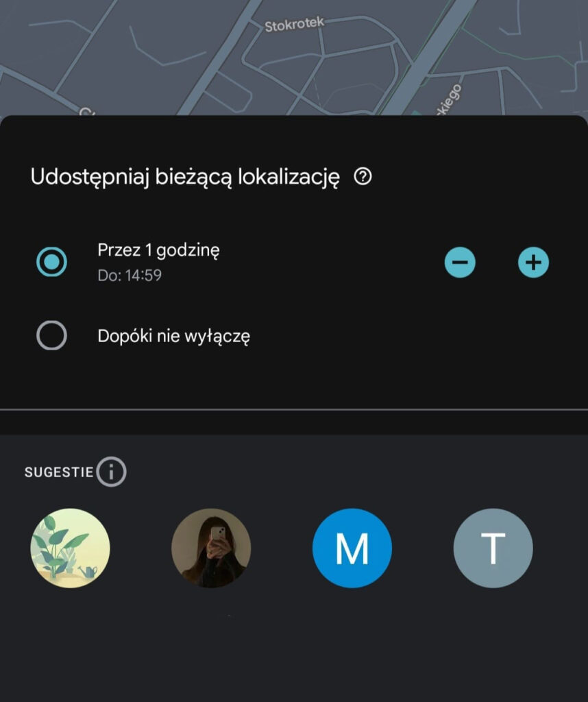 Google Maps udostępnianie lokalizacji iPhone – krok przed wyborem czasu śledzenia
