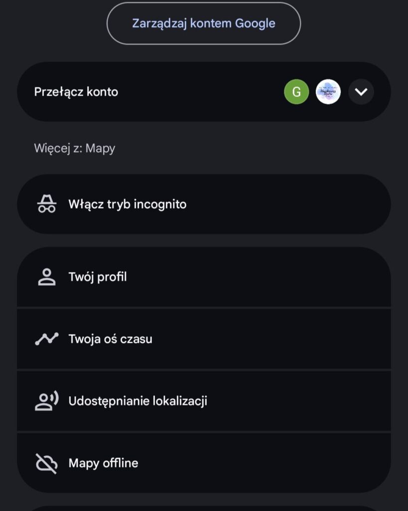Udostępnianie lokalizacji Google Maps Android – przykład ekranu z aktywną opcją śledzenia
